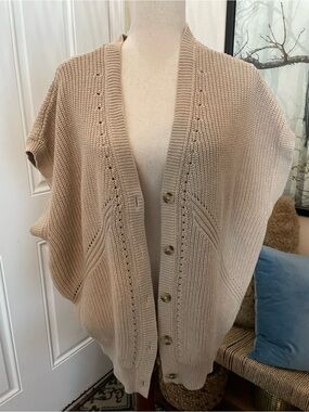 ABLE 100% Cotton Chunky Knit Cardigan Vest Oversized Oatmeal Beige Button 1X